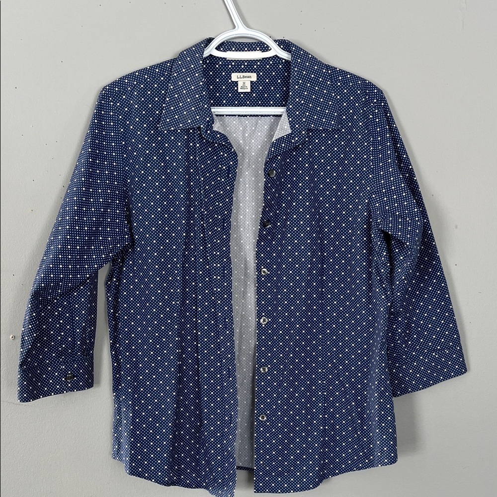 L.L. Bean Navy Polka Dot Wrinkle Free Men's Shirt Medium